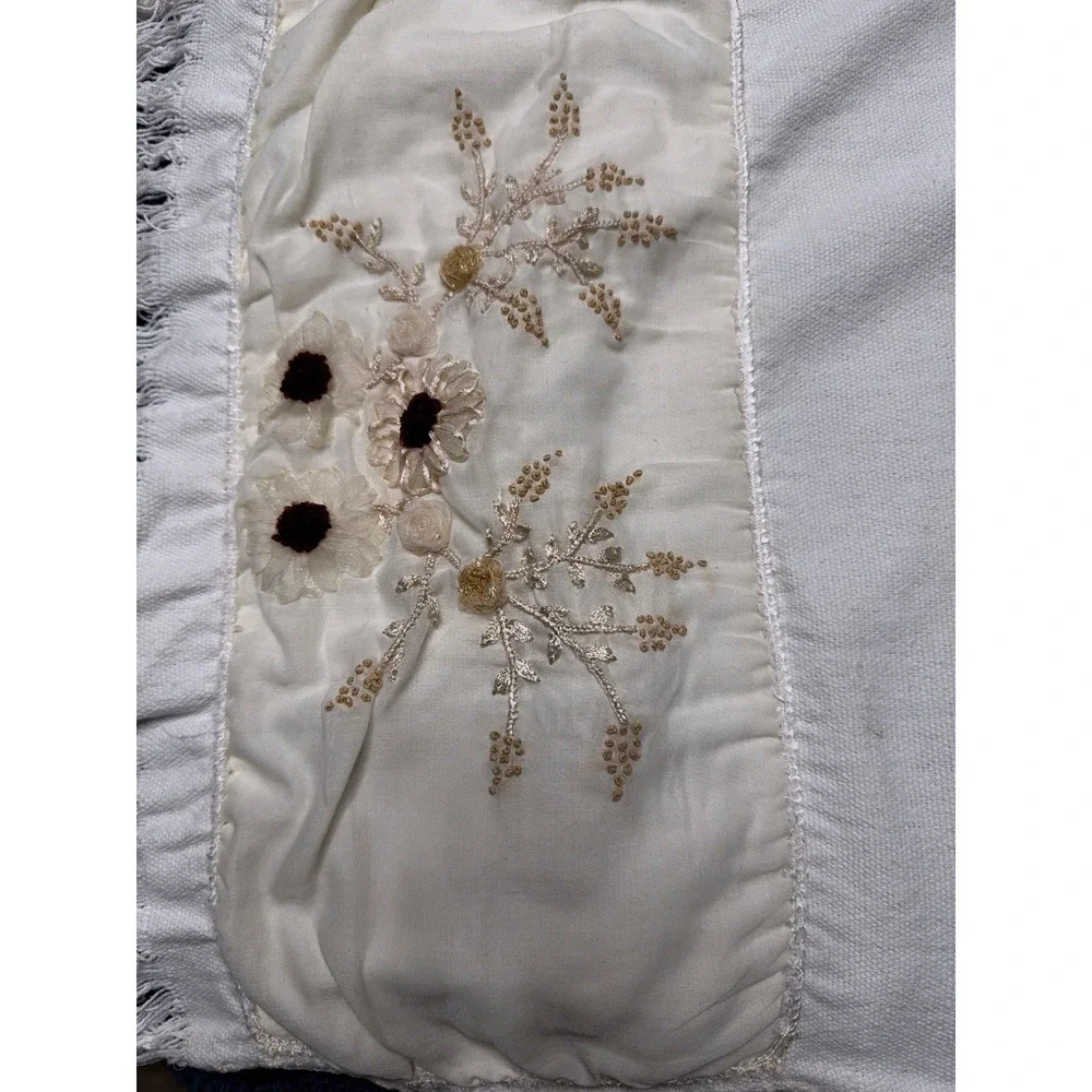 French Country Floral Table Runner Ivory Embroidered Appliqué Fringe 72x18